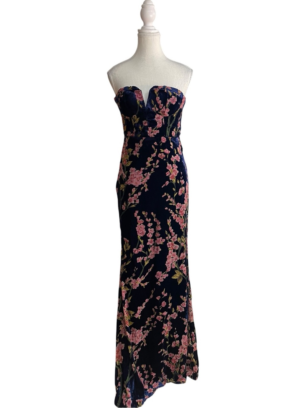 Lulus Bloom In Mind Velvet Strapless Maxi Dress Navy Blue Floral Print